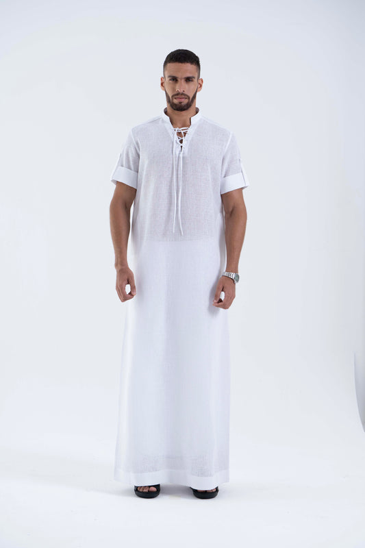 White lace Jallabiya - arabic mens summer wear jS24-004