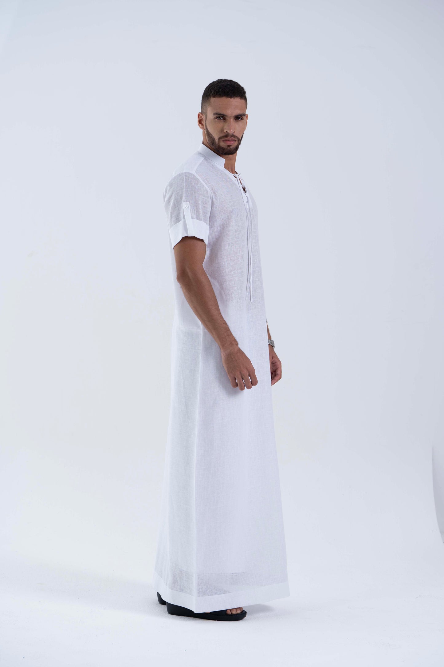 White lace Jallabiya - arabic mens summer wear jS24-004