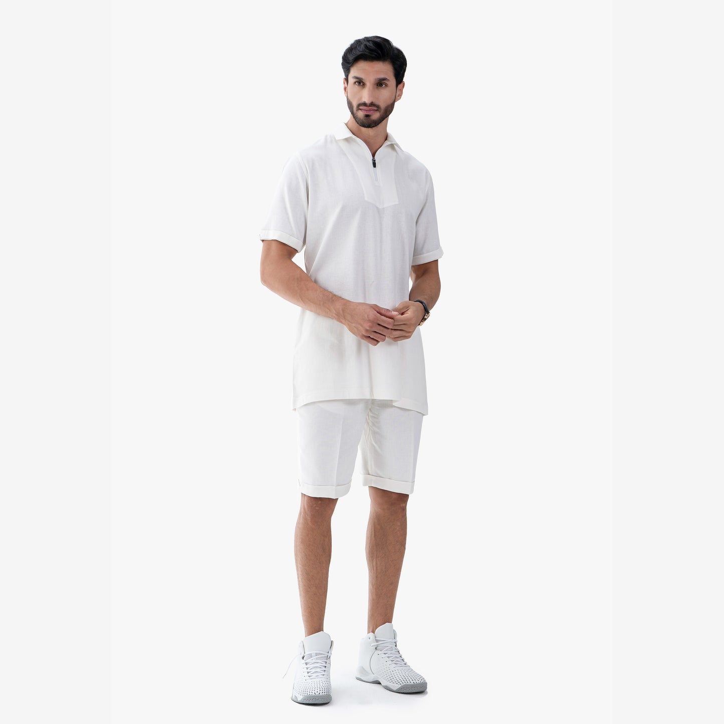 Luxe Men's Casual White Zipper Polo Shirt