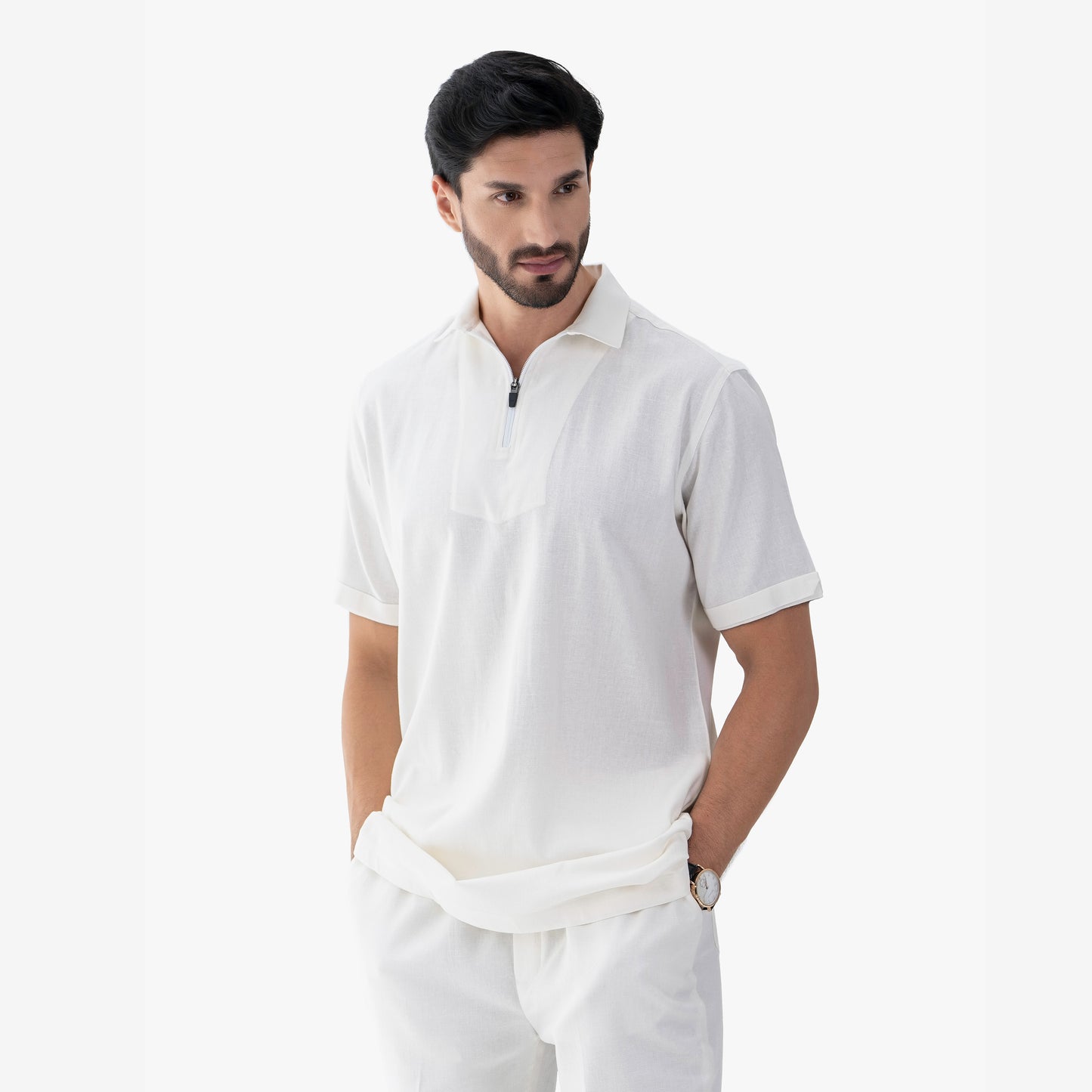 Luxe Men's Casual White Zipper Polo Shirt