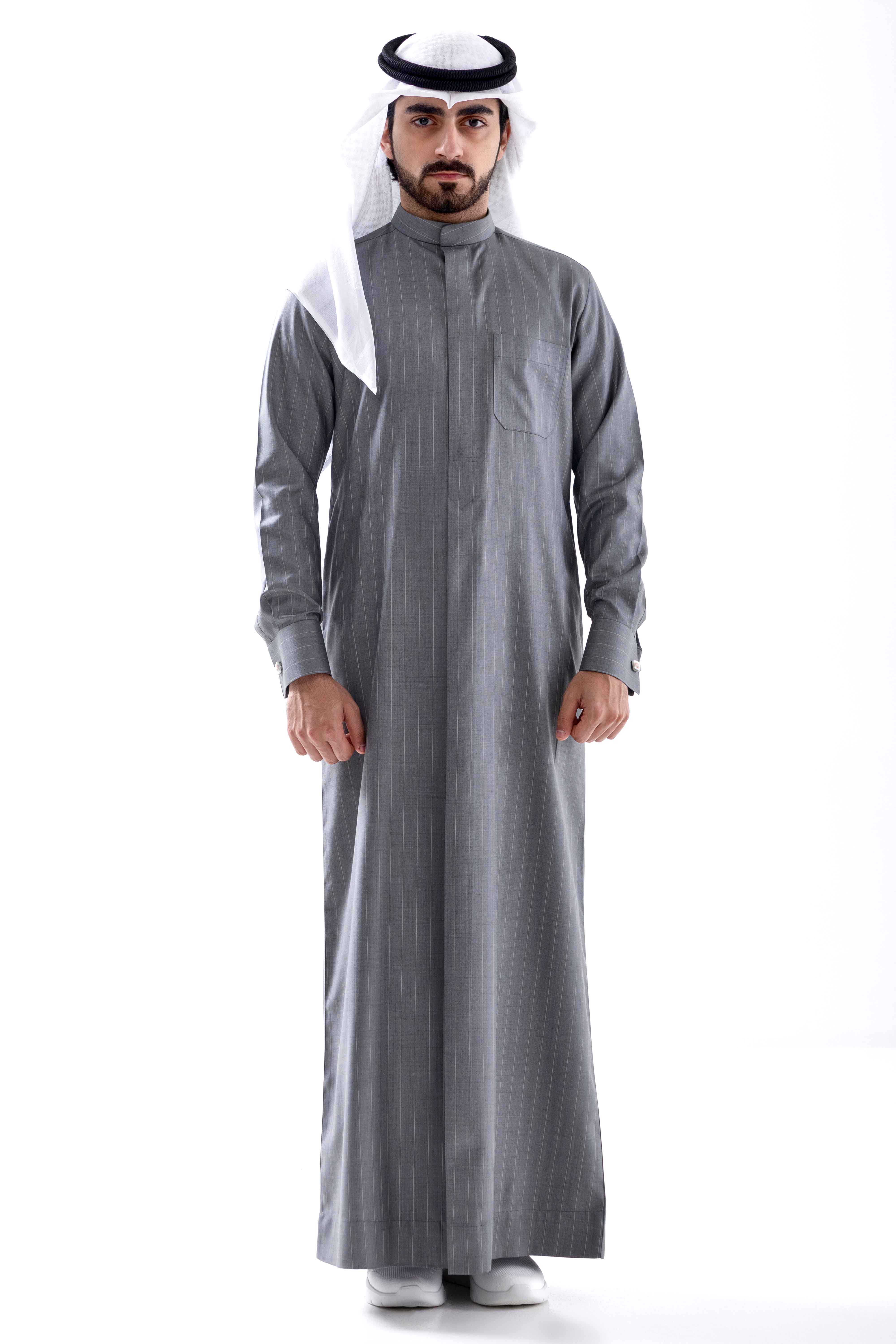 KUWAITI Collar Winter Kandora – Grey Striped (Telal Exclusive) Al Telal Gents Fashion