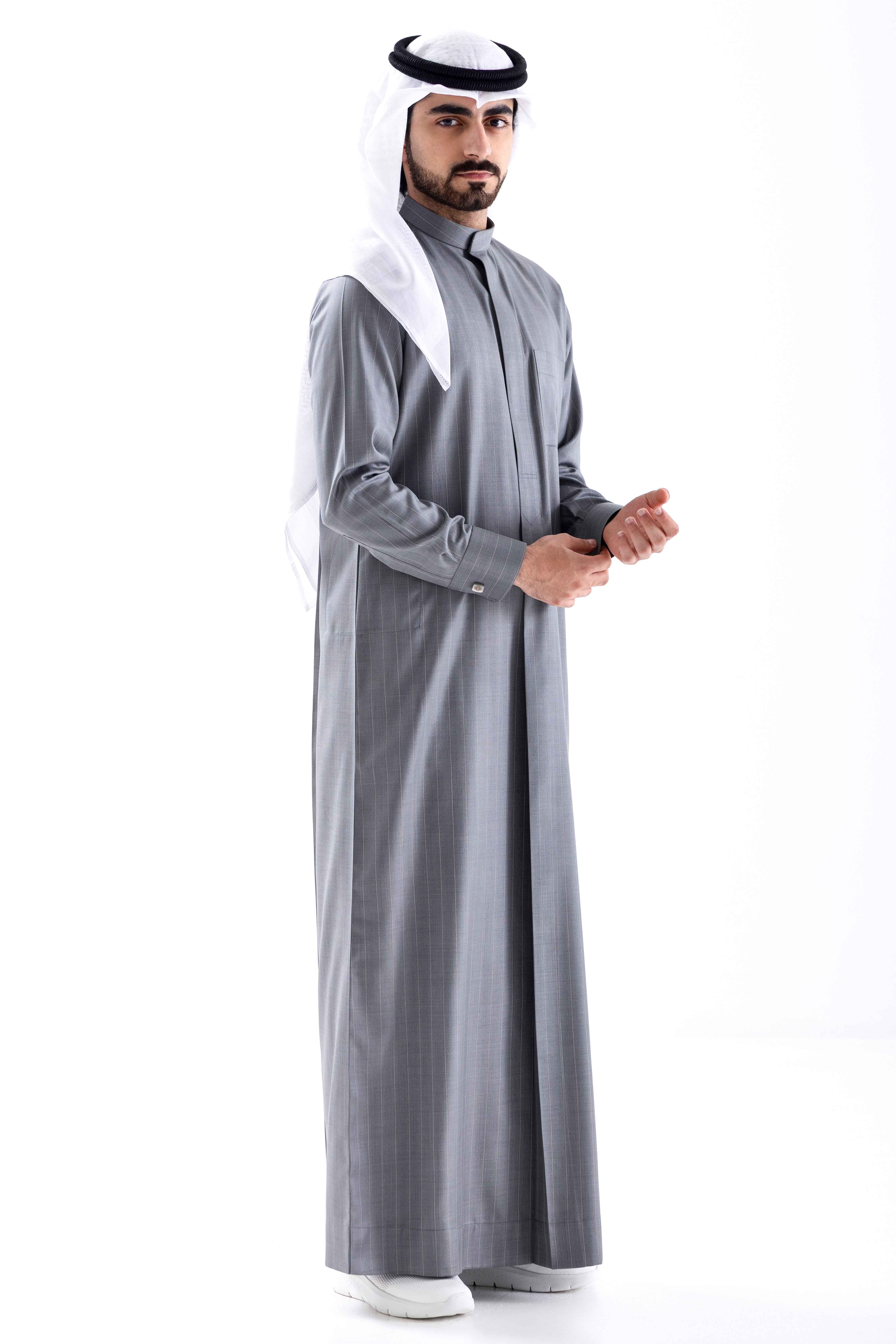 KUWAITI Collar Winter Kandora – Grey Striped (Telal Exclusive) Al Telal Gents Fashion